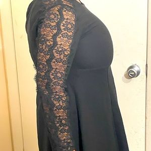 Pretty Black Knee Dress with Lace Sleeves